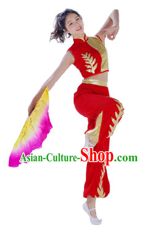 Chinese Women Group Performance Garments Folk Dance Red Outfits Fan Dance Costumes Jiaozhou Yangko Dance Clothing