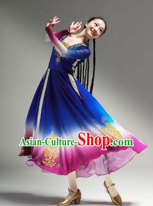 Chinese Ethnic Woman Dance Outfits Uyghur Nationality Dance Clothing Xinjiang Performance Garments Uighur Minority Blue Dress