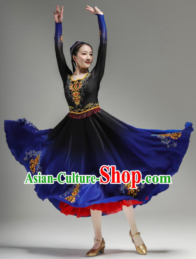Chinese Xinjiang Dance Costumes Ethnic Woman Garments Uyghur Minority Performance Blue Dress Outfits Uighur Nationality Dance Clothing