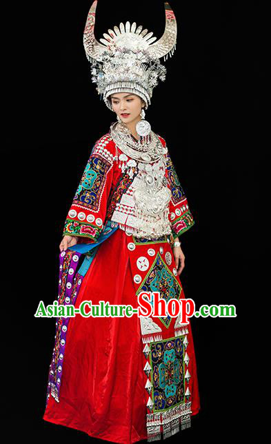 Chinese Ethnic Wedding Outfits Miao Nationality Bride Clothing Guizhou Festival Dance Garments Dong Minority Folk Dance Red Dress and Headdress