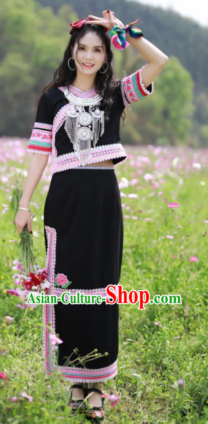 Chinese Guangxi Festival Dance Garments Yao Minority Folk Dance Black Dress Ethnic Dance Outfits Miao Nationality Woman Clothing