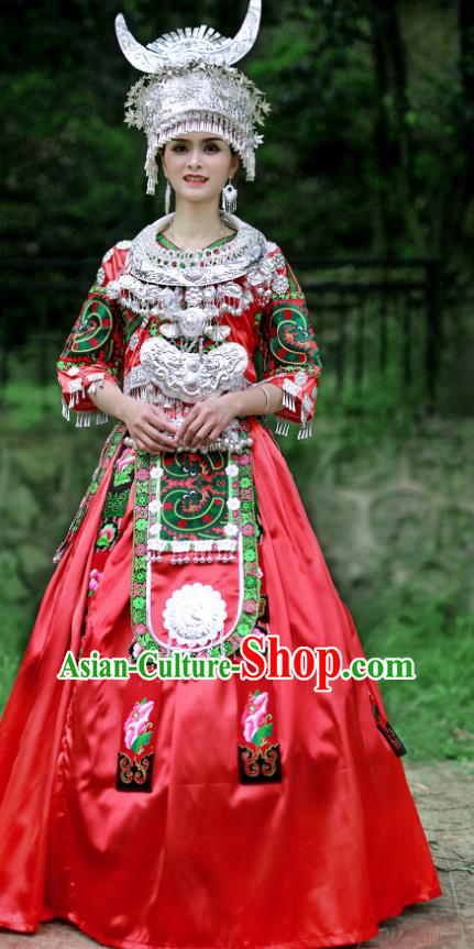 Chinese Hmong Minority Folk Dance Red Dress Guizhou Ethnic Festival Performance Outfits Miao Nationality Bride Wedding Clothing