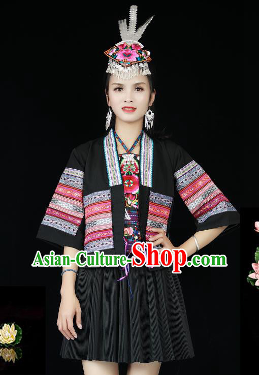 Chinese Hmong Minority Female Short Dress Xiangxi Ethnic Festival Performance Black Outfits Miao Nationality Folk Dance Clothing