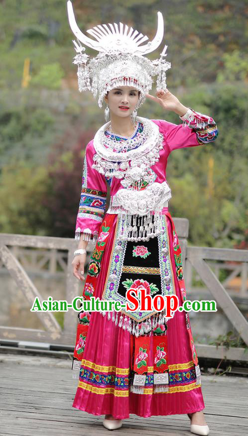 Chinese Miao Nationality Wedding Bride Clothing Hmong Minority Stage Performance Rosy Dress Xiangxi Ethnic Festival Outfits and Headpieces