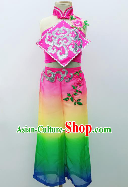 China Kids Folk Dance Clothing Children Stage Performance Rosy Suits Fan Dance Outfits Yangko Dance Costumes