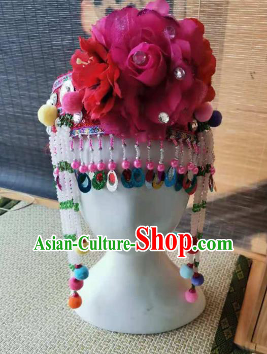 Chinese Pumi Nationality Children Headwear Nujiang Lisor Minority Girl Headdress Lisu Ethnic Folk Dance Rosy Hat