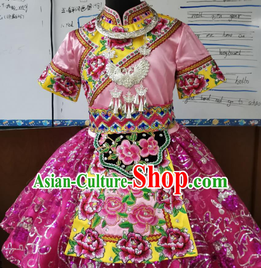 China Ethnic Children Folk Dance Costumes Pumi Minority Kids Dance Pink Dress Uniforms Li Nationality Girl Performance Apparels