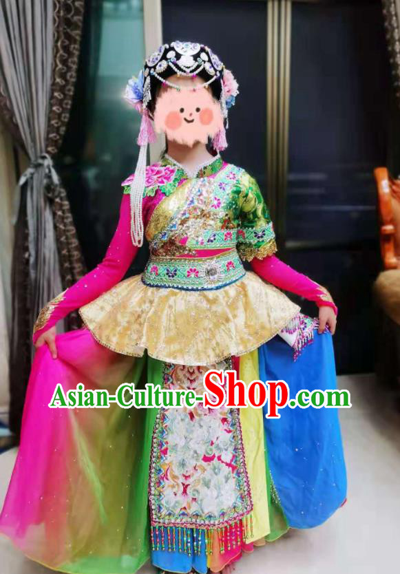 China Li Nationality Girl Performance Apparels Ethnic Children Folk Dance Costumes Pumi Minority Kids Dress Uniforms