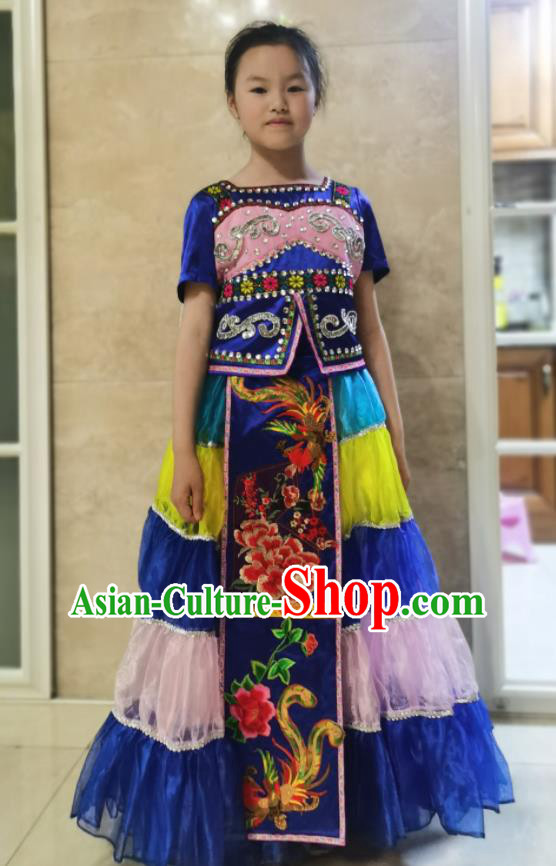 China Yi Minority Children Blue Dress Uniforms Qiang Nationality Girl Performance Apparels Xiangxi Ethnic Folk Dance Costumes