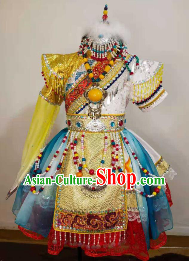 China Xizang Ethnic Girl Folk Dance Yellow Dress Zang Minority Festival Costumes Tibetan Nationality Children Performance Garments