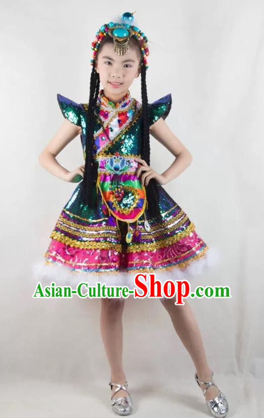 China Ethnic Folk Dance Costumes Zang Minority Children Dress Uniforms Tibetan Nationality Girl Performance Apparels