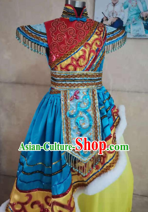 China Zang Nationality Girl Performance Apparels Ethnic Folk Dance Costumes Tibetan Minority Children Dress Uniforms