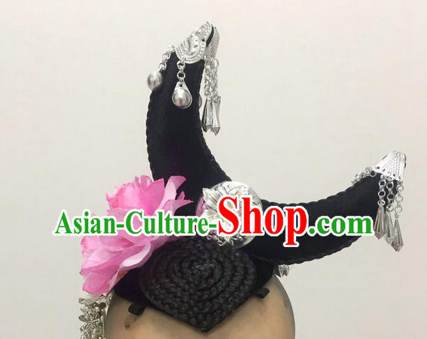 China Hmong Minority Dance Hairpieces Xiangxi Ethnic Performance Wigs Chignon Headdress Miao Nationality Folk Dance Hair Accessories