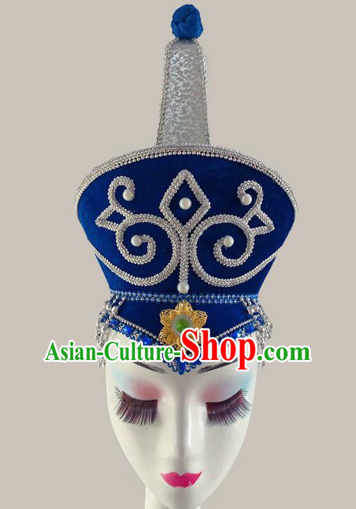 China Mongolian Ethnic Performance Blue Hat Mongolian Nationality Folk Dance Headdress Minority Dance Headwear