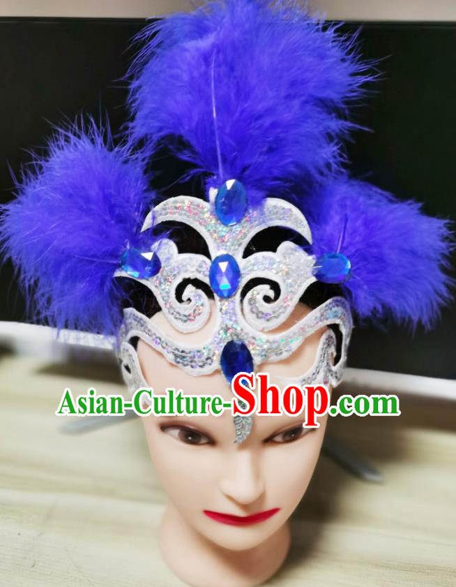 Chinese Opening Dance Hair Crown Woman Dance Blue Feather Headpiece Stage Performance Headdress Classical Dance Hair Accessories