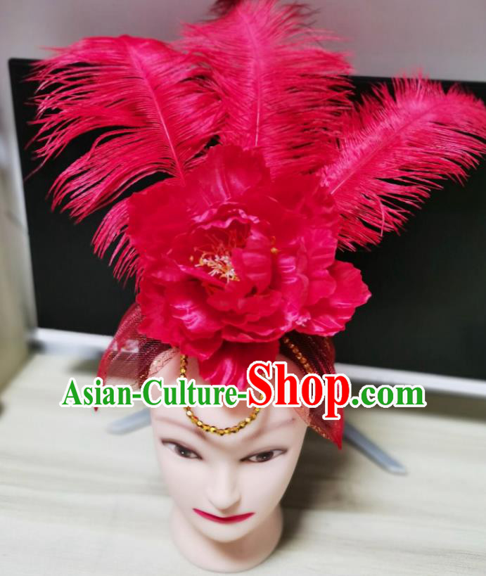 Chinese Stage Performance Headdress Modern Dance Headpiece Opening Dance Red Peony Hair Crown Woman Group Dance Hair Accessories