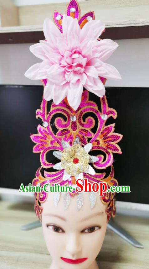Chinese Stage Performance Pink Peony Headpiece Modern Dance Headwear Opening Dance Hair Crown Woman Group Dance Hair Accessories