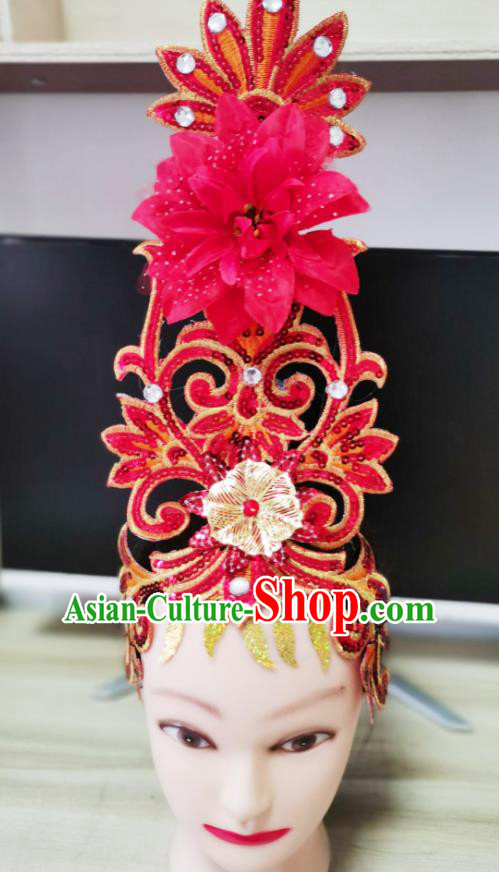 Chinese Woman Group Dance Hair Accessories Stage Performance Red Peony Headpiece Modern Dance Headwear Opening Dance Hair Crown