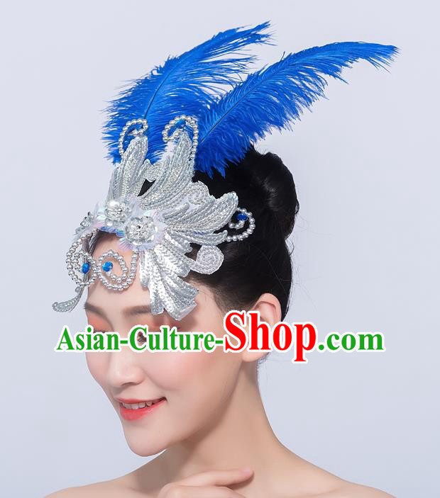 Professional Fan Dance Blue Feather Hair Stick Opening Dance Headdress Yangko Dance Headpiece Folk Dance Hair Accessories