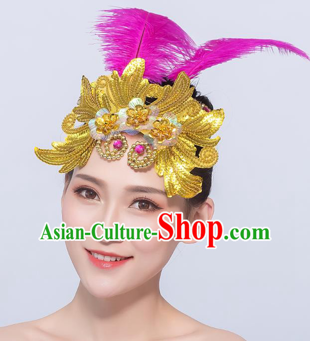 Professional Folk Dance Hair Accessories Fan Dance Rosy Feather Hair Stick Opening Dance Headdress Yangko Dance Headpiece