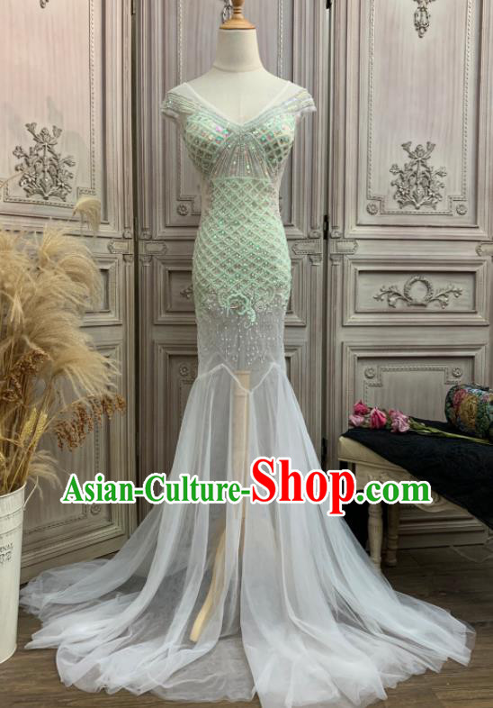 Vintage European Party Garment Costume Annual Meeting Formal Attire Light Green Fishtail Full Dress Ballroom Dance Clothing