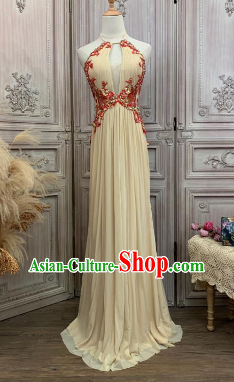 Top European Vintage Garment Costume Annual Meeting Formal Attire Wedding Beige Full Dress Waltz Dance Embroidery Sequins Clothing