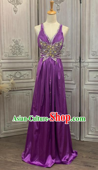 Top Compere Performance Clothing European Court Garment Costume Annual Meeting Purple Satin Formal Attire Wedding Full Dress