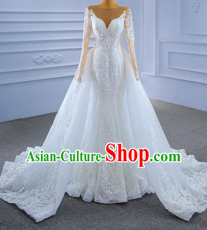 Custom Wedding Dress Bride White Veil Trailing Dress Stage Performance Garment Costume Lace Bridal Gown