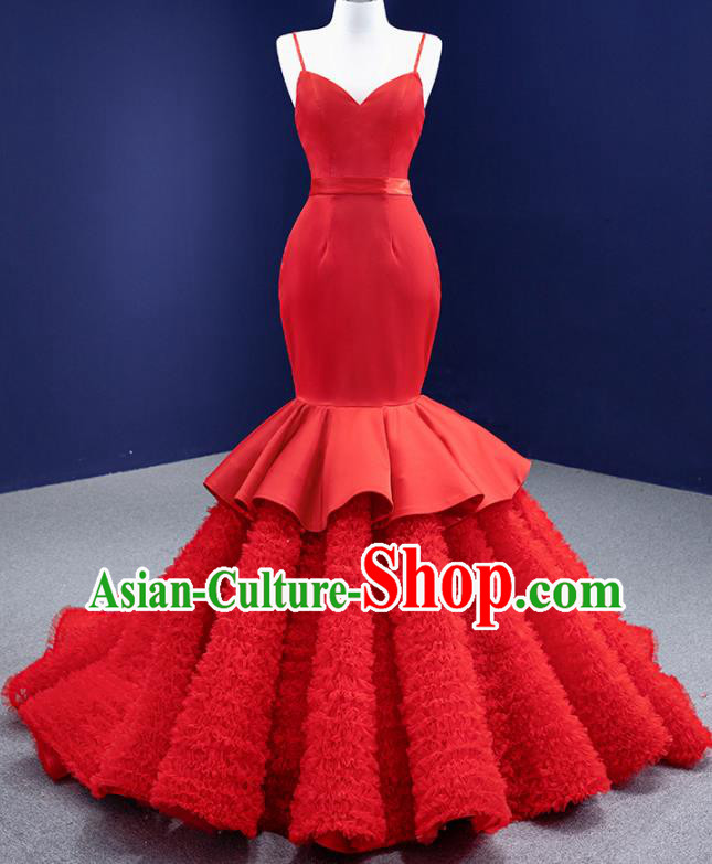 Custom Bride Red Fishtail Dress Stage Performance Garment Costume Luxury Bridal Gown Wedding Dress