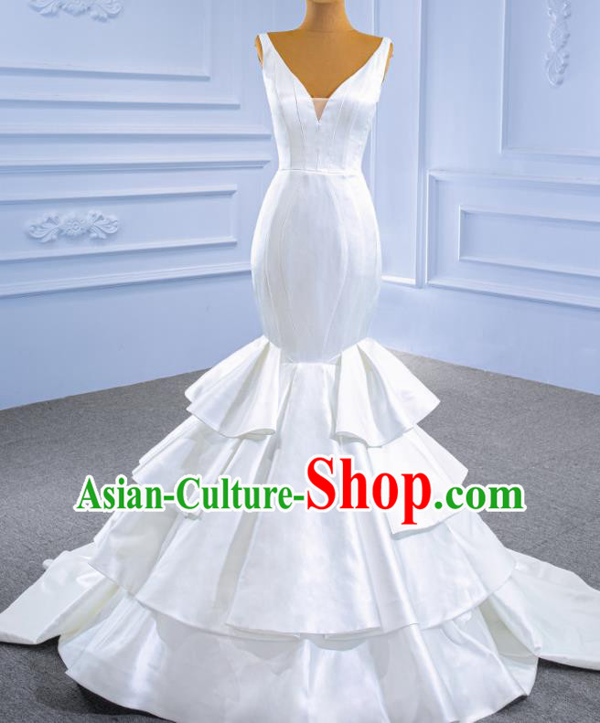 Custom Stage Performance Garment Costume Luxury Bridal Gown Wedding Dress Bride White Satin Fishtail Dress
