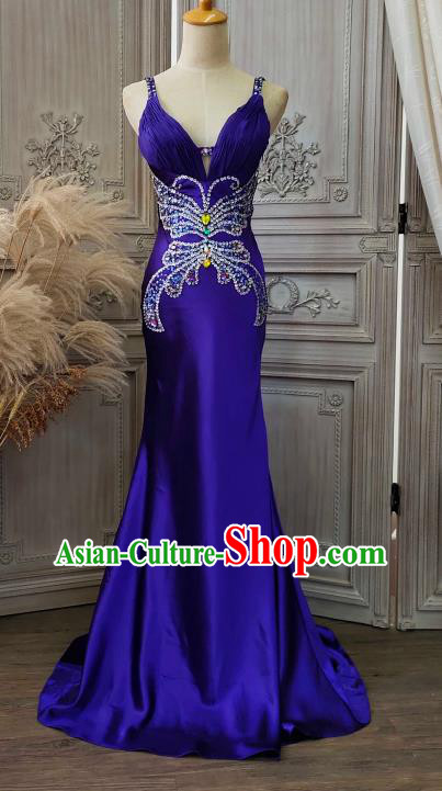 Top Annual Meeting Dance Formal Attire Wedding Embroidery Diamante Royalblue Full Dress Compere Performance Clothing European Court Garment Costume