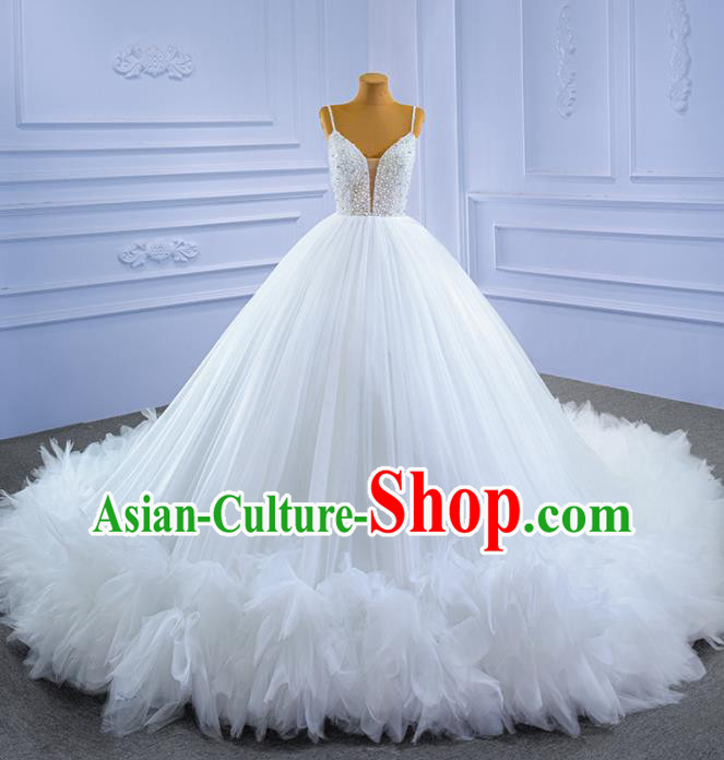 Custom Wedding Dress Formal Garment Bride White Veil Trailing Dress Stage Performance Costume Luxury Bridal Gown