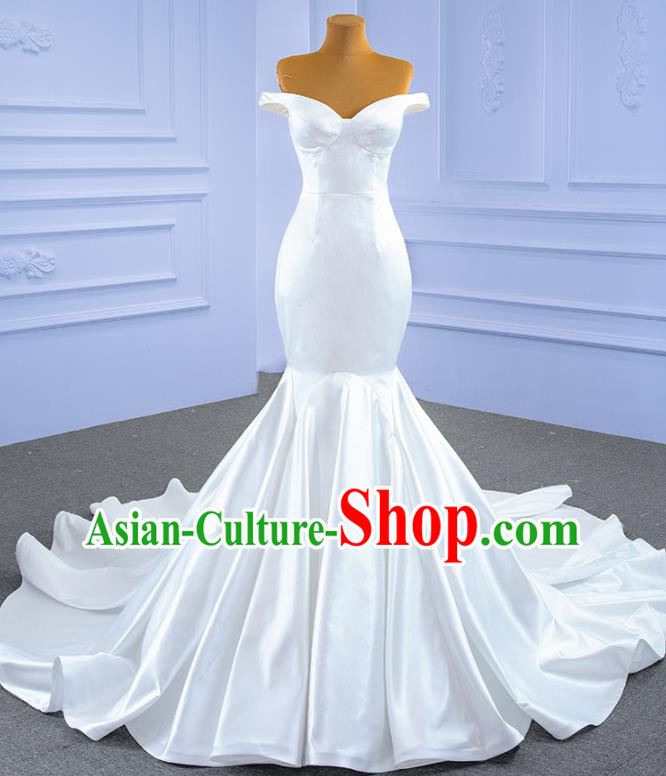 Custom White Satin Wedding Dress Ceremony Formal Garment Bride Long Trailing Dress Stage Show Costume Luxury Bridal Gown