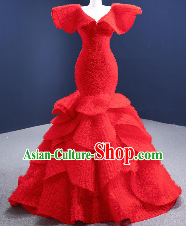 Custom Luxury Compere Clothing Vintage Red Wedding Dress Ceremony Formal Garment Bride Fishtail Full Dress Stage Show Costume