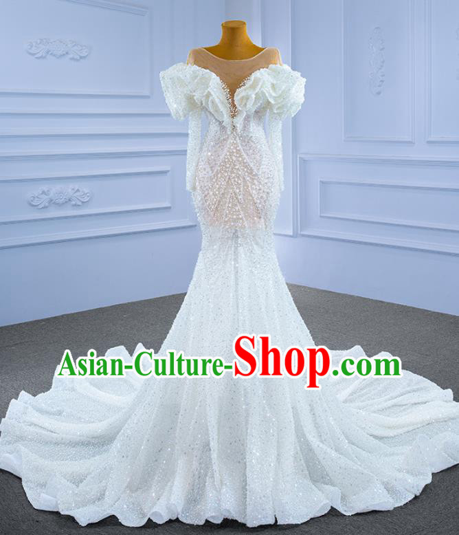 Custom Bride Embroidery Beads Full Dress Stage Show Costume Luxury Compere Clothing Vintage White Trailing Wedding Dress Ceremony Formal Garment