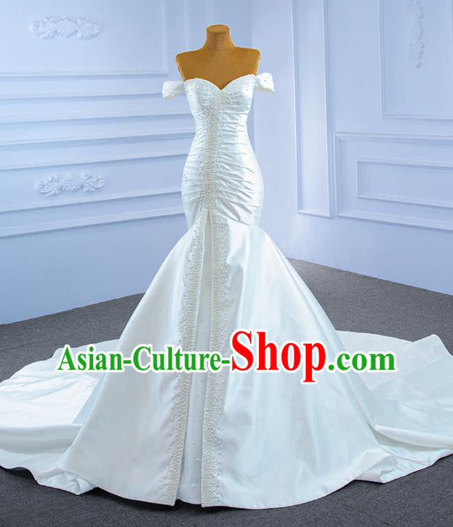 Custom Vintage White Satin Trailing Wedding Dress Ceremony Formal Garment Bride Embroidery Pearls Full Dress Stage Show Costume Luxury Compere Clothing