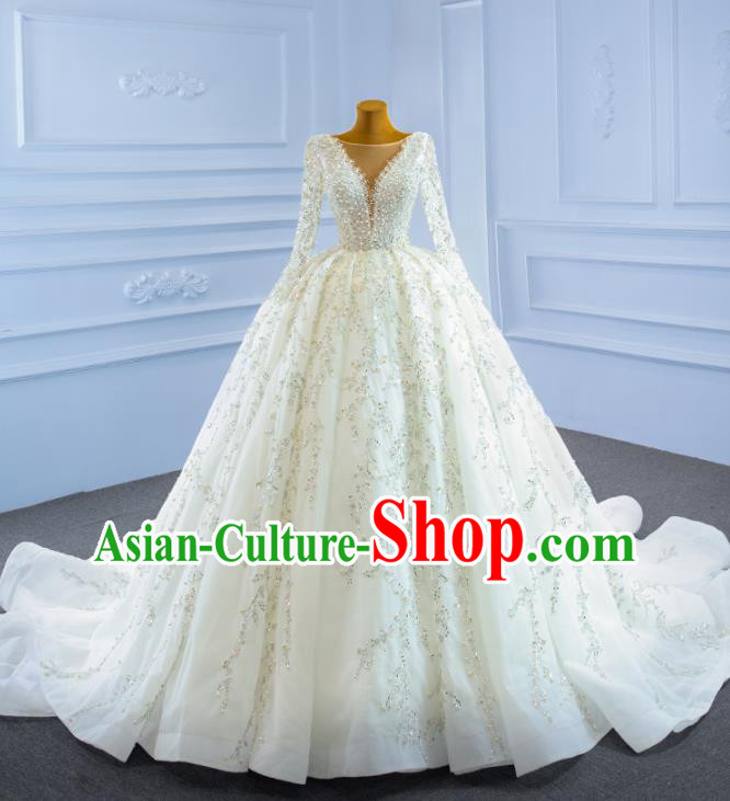 Custom Marriage Bride Trailing Full Dress Catwalks Formal Costume Compere Vintage Clothing Luxury Embroidery Pearls Wedding Dress Ceremony Garment