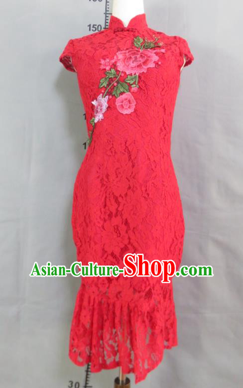 China Traditional Fishtail Qipao Dress Bride Toasting Clothing Wedding Garment Costumes Classical Red Lace Cheongsam