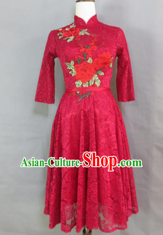 China Classical Wine Red Lace Cheongsam Traditional Embroidery Peony Qipao Dress Bride Toasting Clothing Wedding Garment Costumes