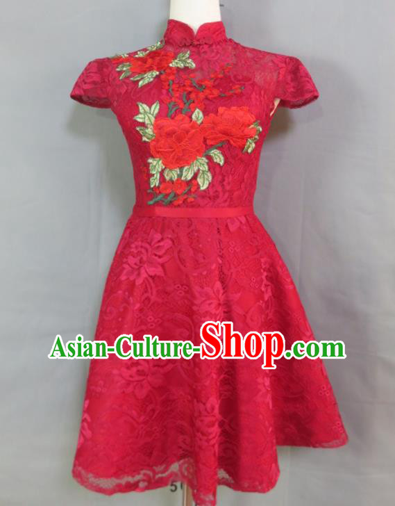 China Wedding Garment Costumes Classical Wine Red Lace Cheongsam Traditional Embroidery Peony Qipao Dress Bride Toasting Clothing