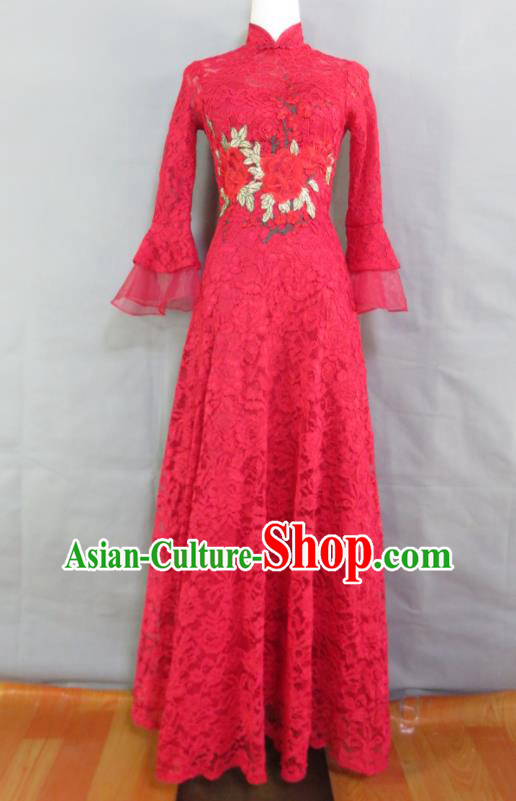 China Bride Toasting Clothing Wedding Garment Costumes Classical Red Lace Long Cheongsam Traditional Embroidery Peony Qipao Dress