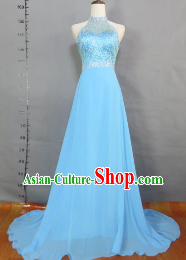 Top Women Chorus Performance Garment Costume Annual Meeting Catwalks Clothing Bridesmaid Light Blue Full Dress Compere Formal Attire