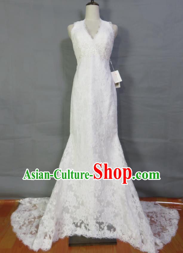 Custom Embroidery Lace Wedding Dress Photography Clothing Modern Dance Fashion Costume Bride White Trailing Full Dress