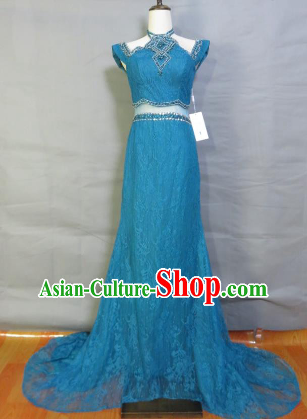 Top Bridesmaid Blue Full Dress Compere Formal Attire Women Catwalks Garment Costume Annual Meeting Clothing