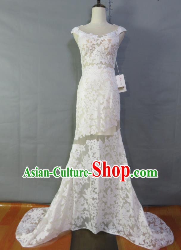 Custom Modern Dance Fashion Costume Bride Luxury Trailing Full Dress Photography Clothing Embroidery White Lace Wedding Dress
