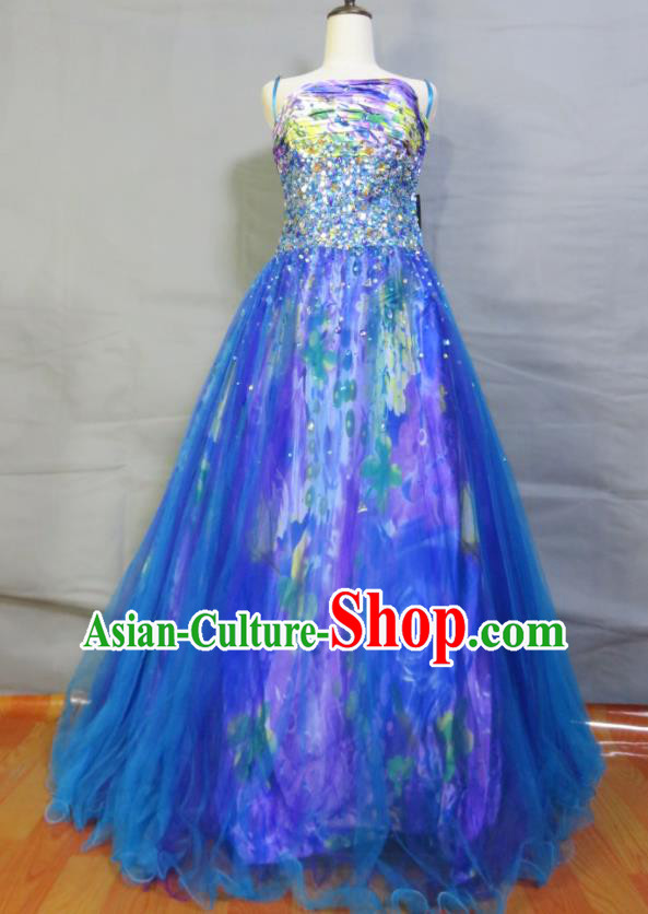 Top Bridesmaid Blue Full Dress Compere Formal Attire Women Catwalks Garment Costume Annual Meeting Clothing Christmas Princess Fashion