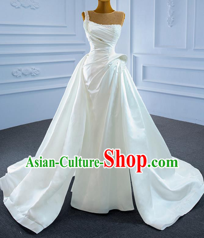 Custom Luxury Embroidery Pearls Wedding Dress Ceremony Garment Marriage Bride White Satin Trailing Full Dress Catwalks Formal Costume Compere Vintage Clothing