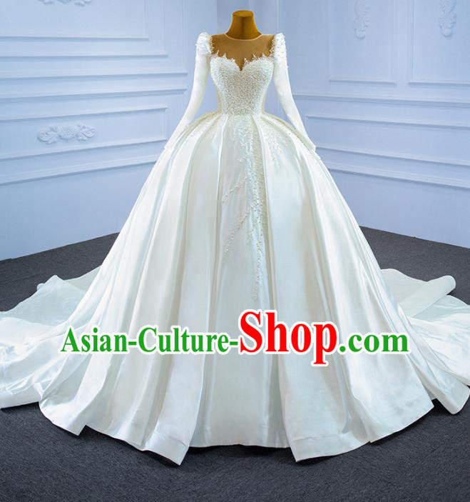 Custom Compere Vintage Clothing Luxury Embroidery Pearls Wedding Dress Ceremony Garment Marriage Bride White Satin Trailing Full Dress Catwalks Formal Costume