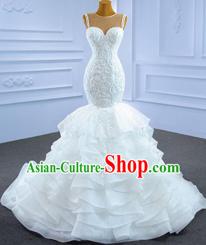 Custom Stage Show Costume Compere Clothing Vintage Luxury Fishtail Wedding Dress Ceremony Formal Garment Bride Embroidery Lace Full Dress