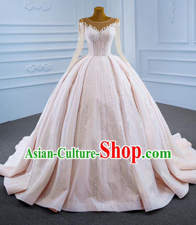 Custom Compere Vintage Clothing Luxury Wedding Dress Ceremony Embroidery Sequins Garment Marriage Bride Light Pink Trailing Full Dress Catwalks Formal Costume